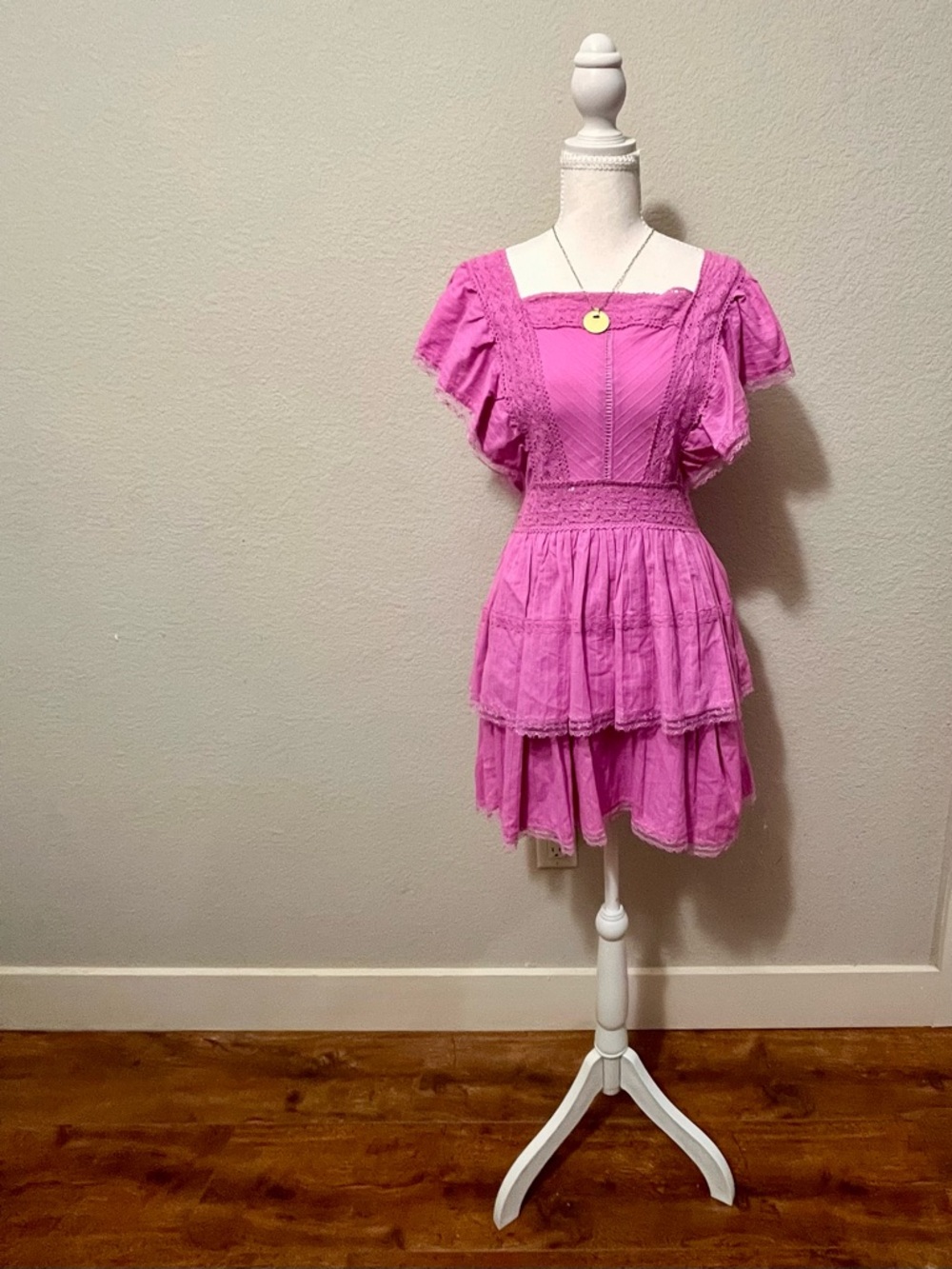 Chelsea and Violet Tiered Ruffle Mini Dress in Bright Pink